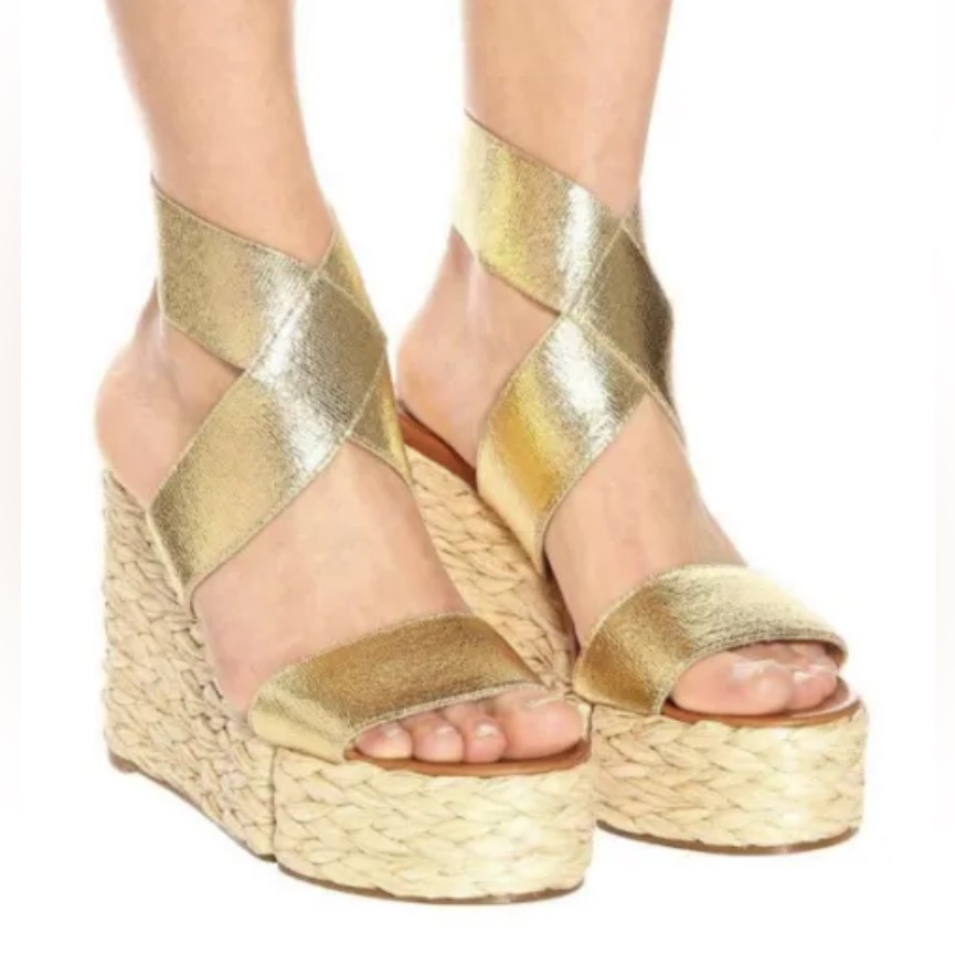 Robert Clergerie Aurore Wedge Platform Sandals Stretch Crossover Gold 38.5